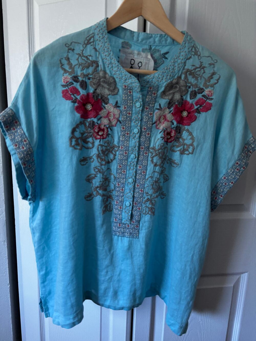Vtg Johnny Was Stick Figure 100% Linen Embroidered Peasant Blouse Top Blue Small
